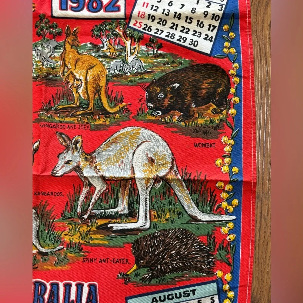Vintage Red Calendar Tea Towel 1982 Australia Cotton 28”x17.5” Kangaroo Birds